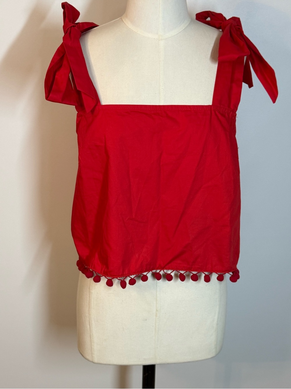 Sugarlips Red Tie-Shoulder Pom Pom Crop Tank